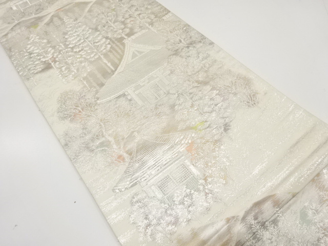 JAPANESE KIMONO / ANTIQUE FUKURO OBI / SILK / WOVEN TEMPLE SCENERY